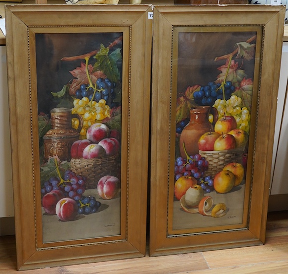 Giovanni Barbaro (1864-1915), Still lifes of fruit and vessels, each signed, pair of watercolours, 76 x 29cm